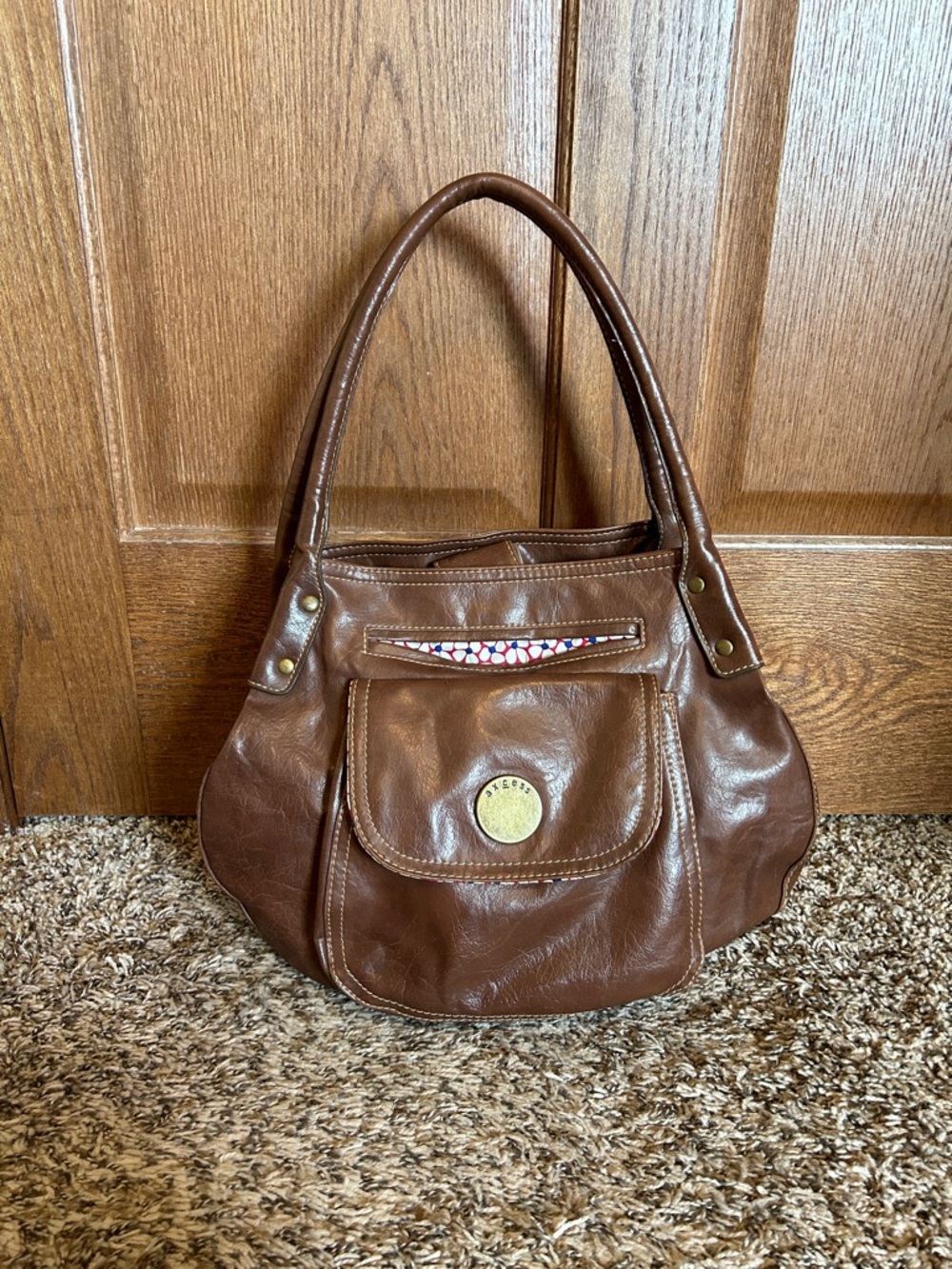 Axcess Liz Claiborne Brown Faux Leather Shoulder Bag Boho Pocket Y2K 90s Purse